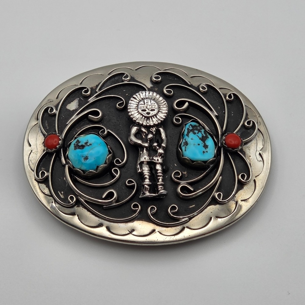 Vintage Turquoise & Coral Belt Buckle w/ Zuni Dancer 3"